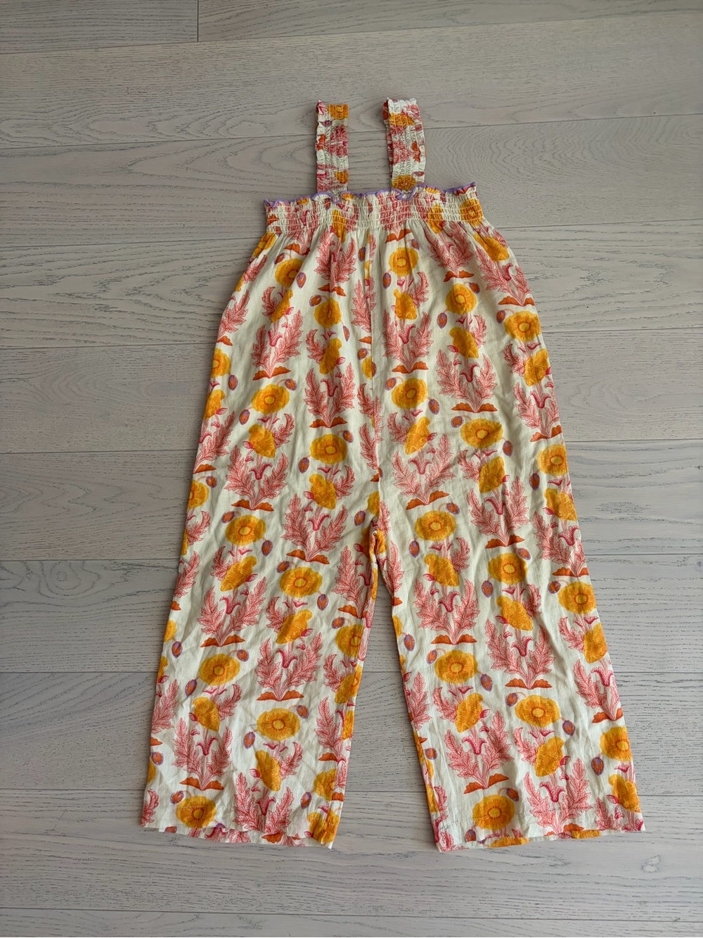 LIKE NEW!  PINK CHICKEN Romper- Yellow & Coral Flowers - perfect condition!